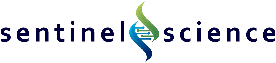 The logo shows the words sentinel science in lowercase with a green and blue DNA helix graphic between the words, incorporating circuit lines.